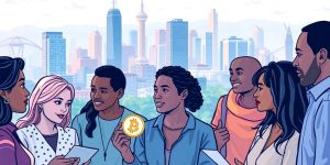 Diverse group discussing cryptocurrency in a vibrant city setting.